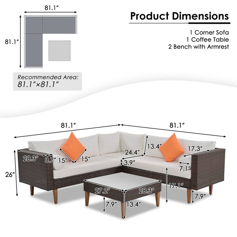 4-Piece Outdoor Wicker Sofa Set with Coffee Table, Waterproof and Rattan Patio Conversation Set with Cushions and Pillows