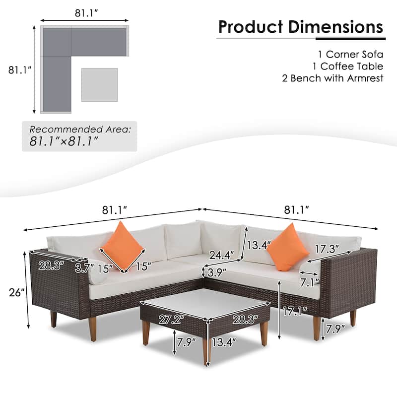 4 Pieces Outdoor Conversation Wicker Sofa Set All Weather Patio L Shaped Sectional Sofa Set with Coffee Table