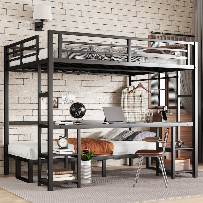 Queen over Twin XL Black Metal Bunk Loft Bed with Desk and Shelves, LED and USB