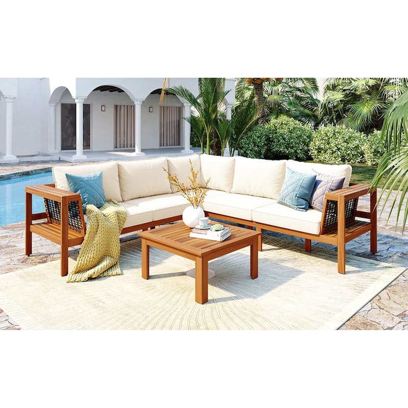 Roomfitters 4-Piece Outdoor Sectional Sofa Set with Coffee Table and Built-in Side Shelves, Wood Frame