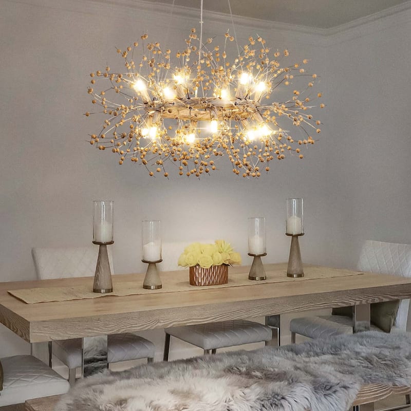 9-Light Modern Firework Sphere Chandelier with Wooden Beads for Dining Room and Living Room