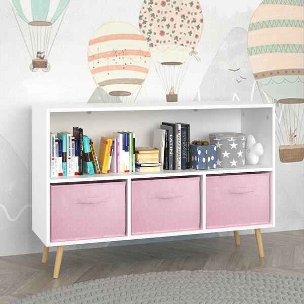 slide 2 of 20, Toy Cabinet Organizer,Kids Bookcase with 3 Fabric Drawers,White+Pink White+Pink