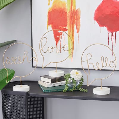 The Novogratz Gold Wooden Hello, Love, Wish Decorative Sign with Text Bubble Design (Set of 3)