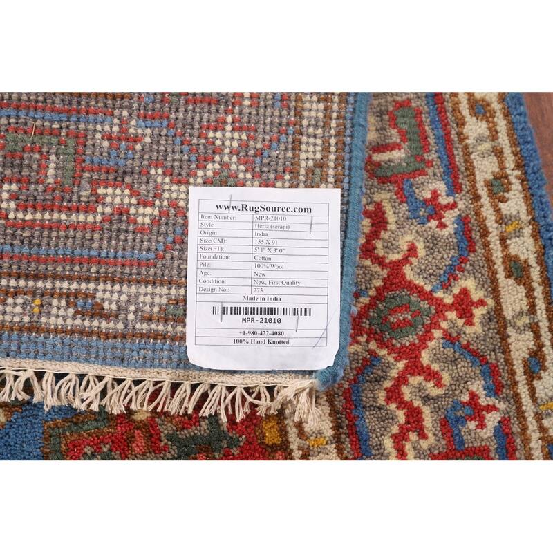 Blue Geometric Heriz Serapi Indian Foyer Rug Handmade Wool Carpet - 3'0"x 5'1"