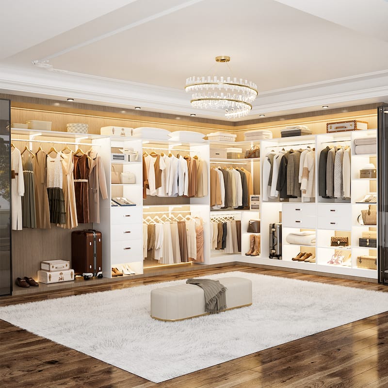 Navada 79'' - 110'' Freestanding Corner Closet System, Reversible Closet Organizer with Drawers and Hanging Rods