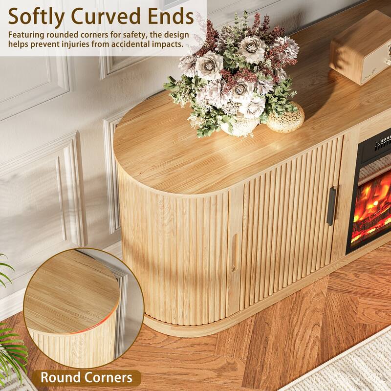 BOSSIN 70" Electric Fireplace TV Stand with Fluted Design, Curved Edges, 7 Flame Colors & 8H Timer, Holds Up to 80" TV, Black