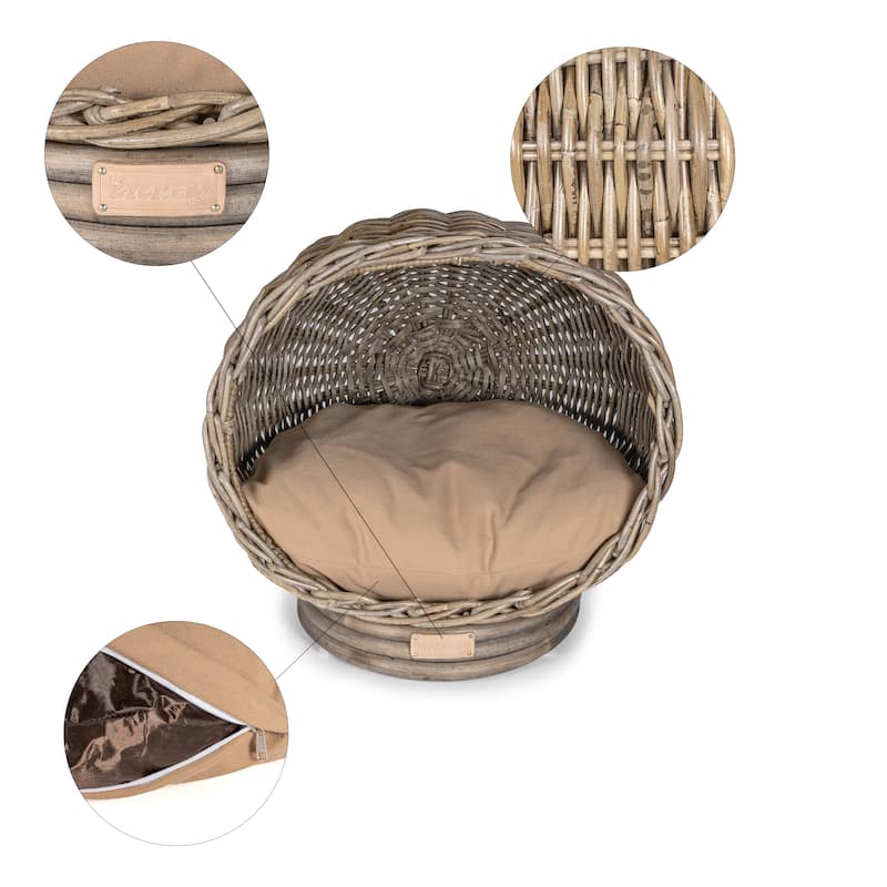 Socket Dome 19.5" x 17" Bohemian Handwoven Rattan Cat Bed with Machine-Washable Cushion, Kubu Gray