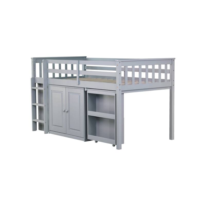 Twin Loft Bed Rubber Wood Loft Bed with 4 Drawer, Safety Guardrail, Ladder and Storage Cabinet for Kids