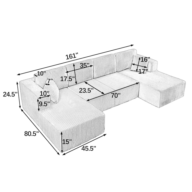 U-Shaped Modular Sectional Sofa with Dual Chaise Lounges, Oversized Corduroy Boneless Couch, Compressed Sofa with Pillows
