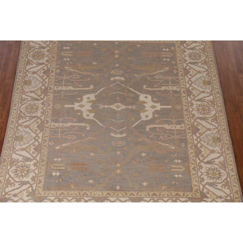 Earth Tone Oushak Indian Area Rug Handmade Floral Wool Carpet - 7'11" x 10'1"