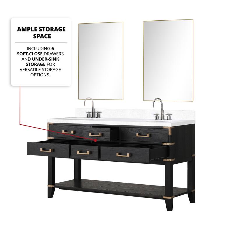 Norwalk 60 in W x 22 in D Black Oak Double Bath Vanity, White Quartz Top, and 28 in Mirrors