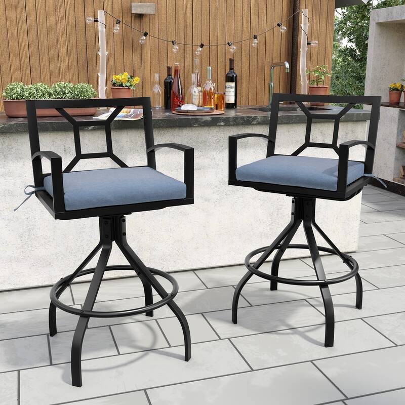 Outdoor Patio Barstool Swivel Aluminum Bar Stools with Sunbrella Fabric Cushion - Spectrum Denim Cushion, 2PCS