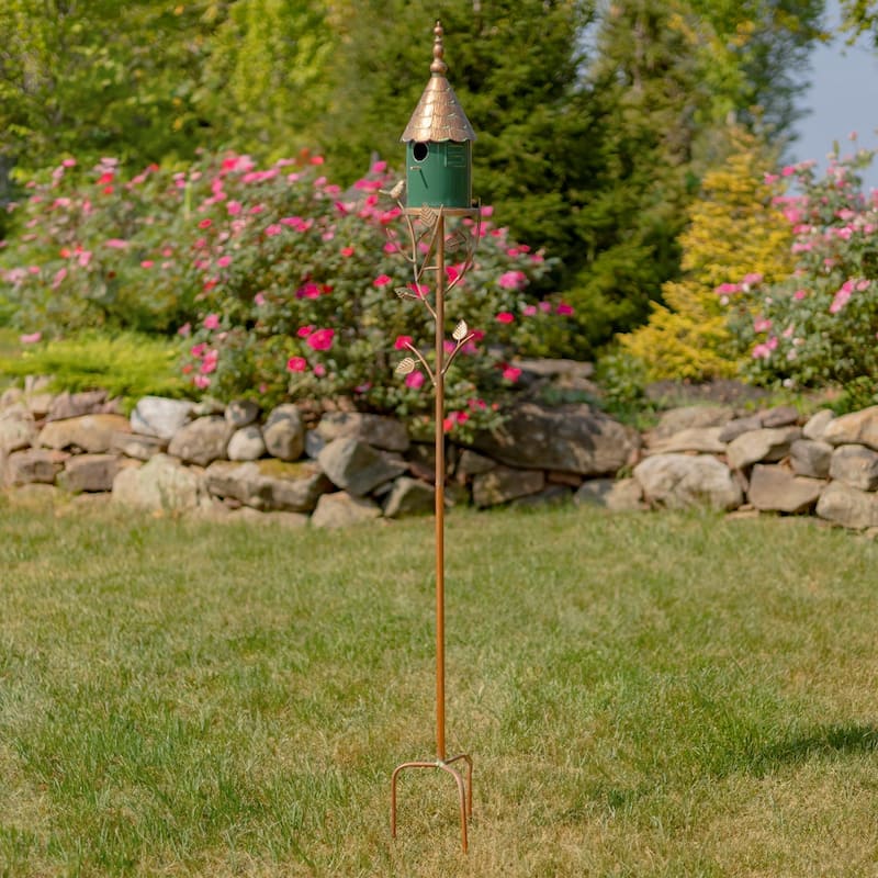 68.75" Tall Iron & Dark Green Porcelain Birdhouse Stake "Prague" - 8.5" L x 6.25" W x 68.75" H