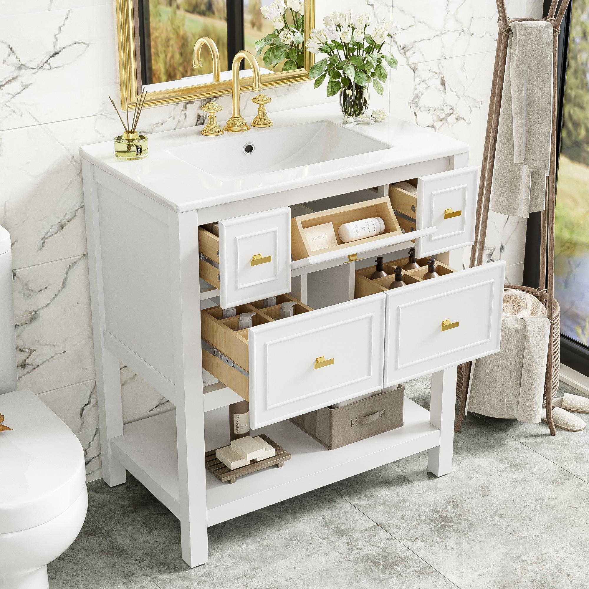 30" Freestanding Bathroom Vanity with Sink, Bathroom Cabinet with 5 Drawers, Open Shelves Solid Wood Frame Storage Vanity