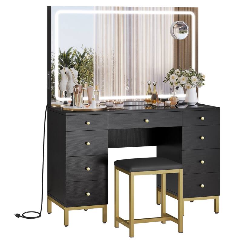 Moasis 9-Drawer Makeup Vanity Set with Stool and Mirror, Glass Top Vanity Desk with LED Lights - Black