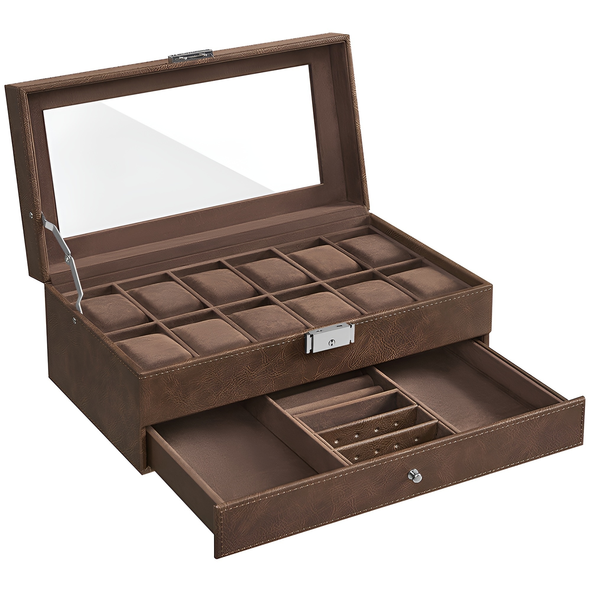 Brown Synthetic Leather 2-Tier Watch Box Organizer with Glass Lid - 7.3”D x 12.8”W x 5.3”H