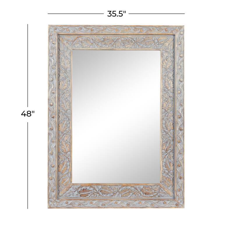 Gray Wood Handmade Intricately Carved Floral Room Wall Mirror