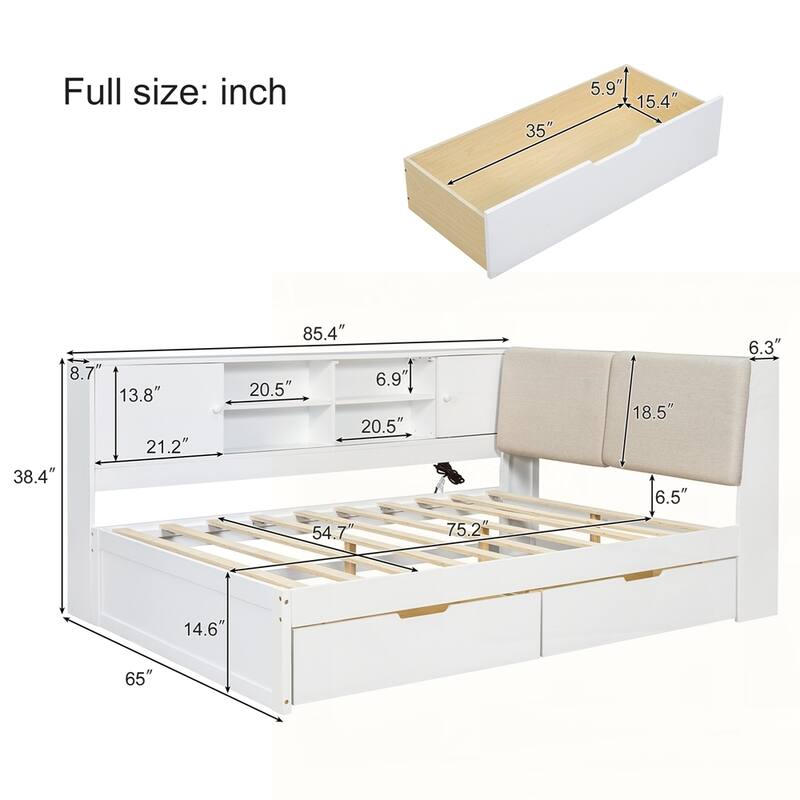 L-shaped Daybed Corner Bed with Storage Bookcase and USB Charging Ports