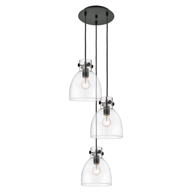 Innovations Lighting Newton Bell - 3 Light 8" Cord Hung Multi Pendant - 10" Canopy - Clear/Matte Black