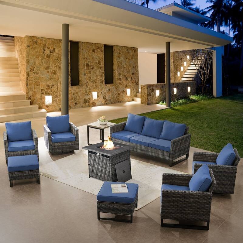 Patio Sofa with 2 Club Chair,2 Swivel Chair and Fire Pit Table - Grey - Blue