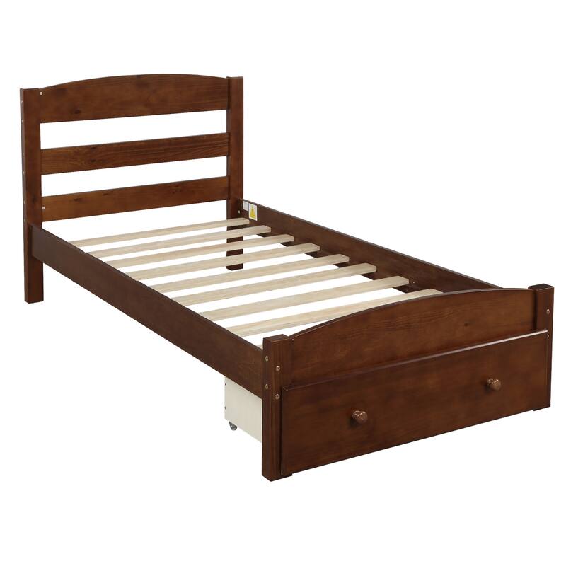 Solid Wood Platform Bed Frame with Built-in Slat Support and Storage Drawer
