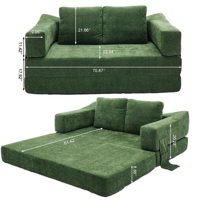 Modern Minimalist Fold-Out Sofa Bed, Convertible Chair Floor Couch, Green Chenille