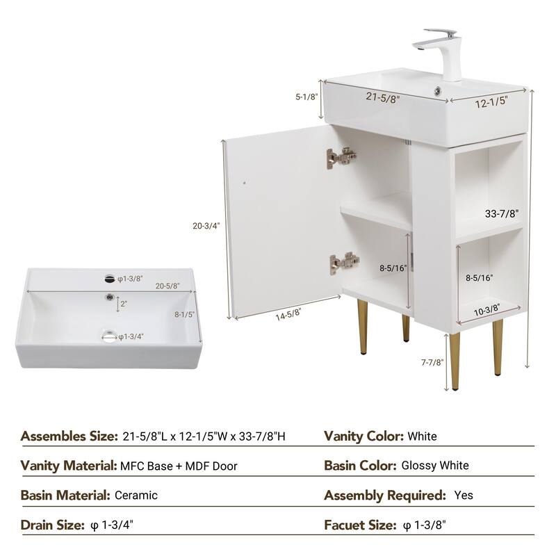 GDFStudio - Oliver 21.6" Open-Shelving Bathroom Vanity with Soft-Closing Door & Ceramic Sink