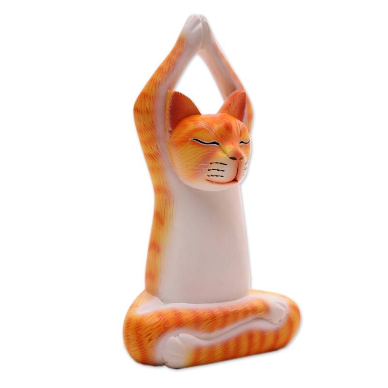 Novica Handmade Toward The Sky Orange Yoga Cat Wood Sculpture