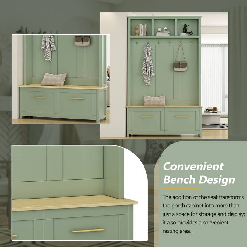 4-in-1 Hall Tree with 6 Golden Hooks Wooden Bench 2 Drawers for Entryway