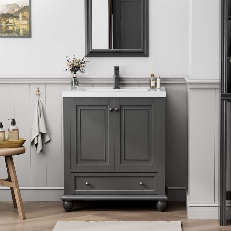 Retro Bathroom Vanity Cabinet Solid Wood Classic with Ceramic Sink - 30 in - Grey