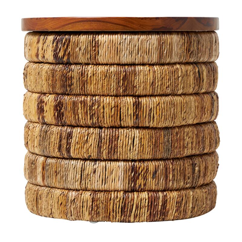 Brown Seagrass Handmade Linear Wrapped Accent Table with Teak Wood Top