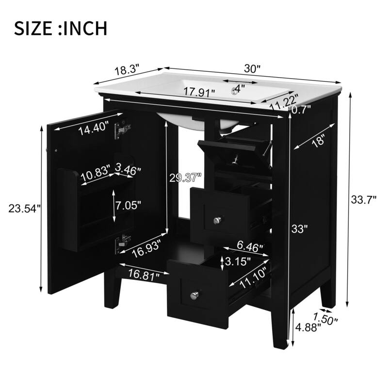 30'' Freestanding Bathroom Vanity in Black with White Integrated Ceramic Sink - 30'' x 18.3'' x 33.7''