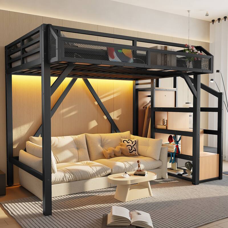 Twin XL/Twin Metal Loft Bed with Storage Stairs, Wardrobe, USB Ports & LED Lights - Twin - Brown