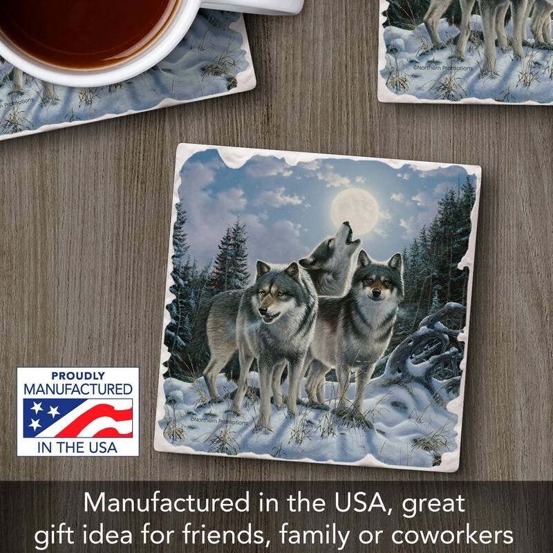 Midnight Wolves 4 Pack Tumbled Tile Stone Coaster with Protective Cork Backing Manufactured in The USA 4" Square