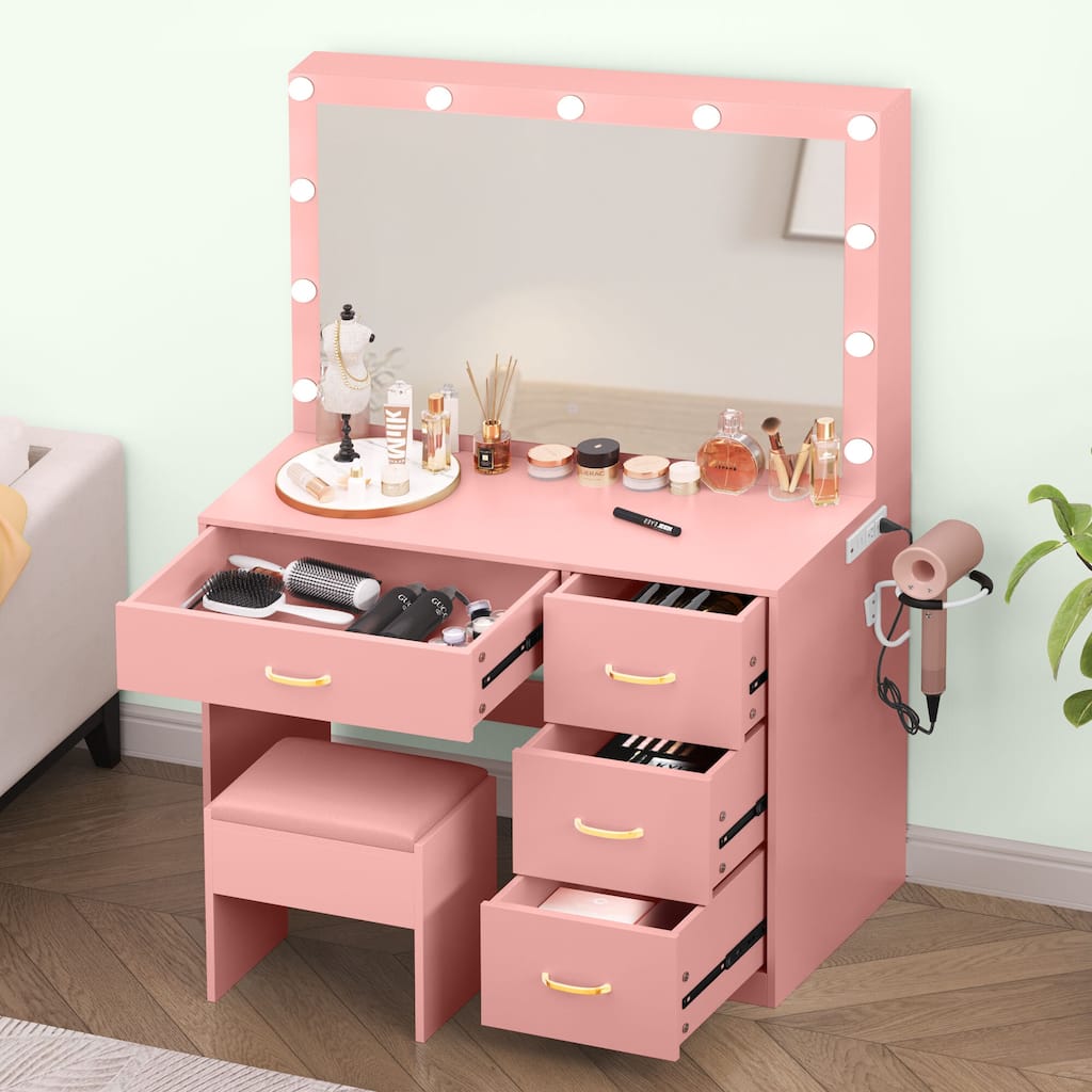 Moasis 35.4" Pink Mirror Makeup Vanity Table - 35.4''L x 15.7''W x 53.5''H