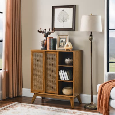 Mid-Century Modern Rattan Sideboard with Solid Wood Feet & Adjustable Shelves (Light Wood)