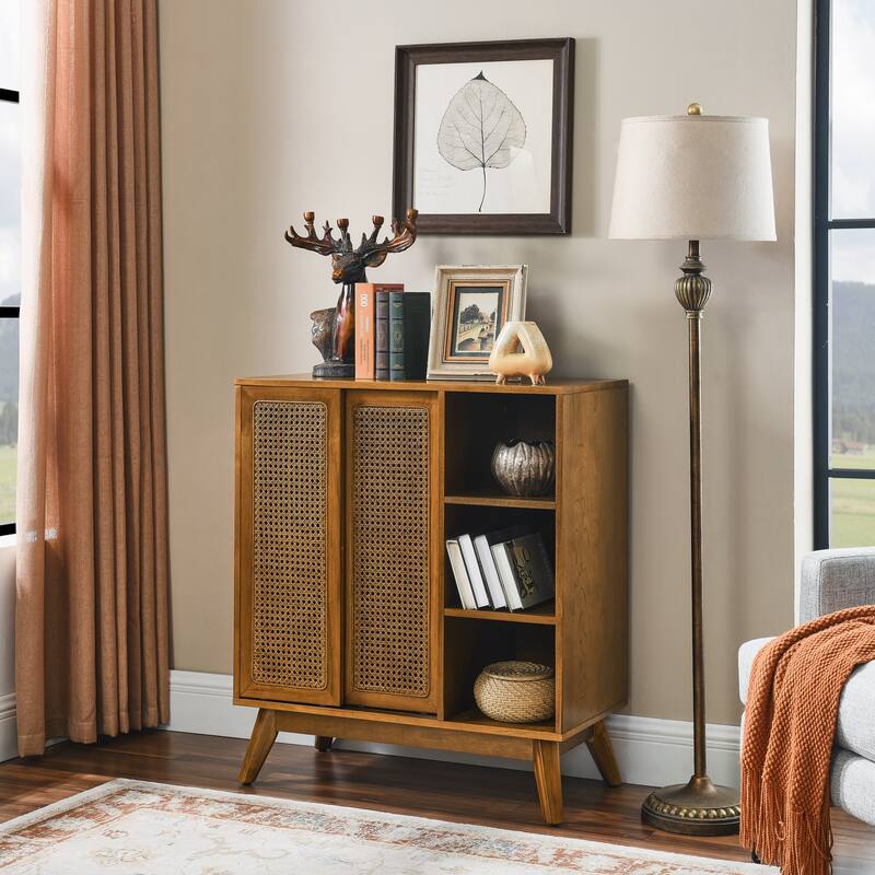 Mid-Century Rattan Sideboard with Adjustable Shelves & Solid Wood Legs (Light Wood)