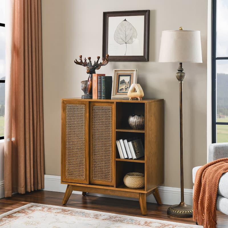 Roomfitters Rattan Sideboard Cabinet, Buffet Storage, Adjustable Shelf & Solid Wood Feet, Organizer