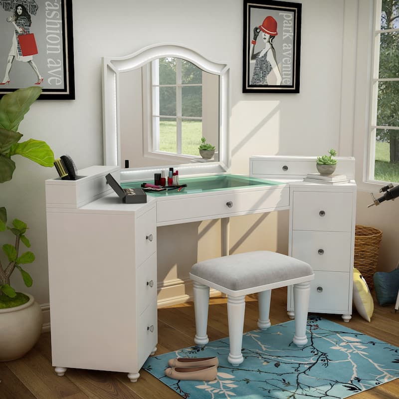 Furniture of America Ulru Transitional Solid Wood 3-Piece Makeup Vanity Set with LED