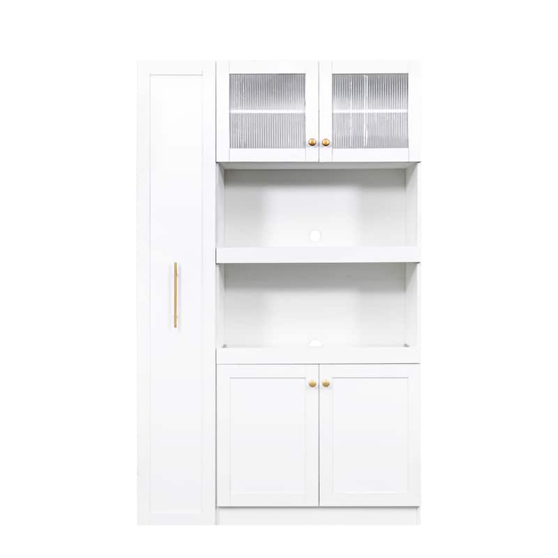 Farmhouse-Style 4-Door Pantry Cabinet – Multi-Tier Pull-Out Shelves & Built-In Organizers for Kitchen or Dining Room Storage.