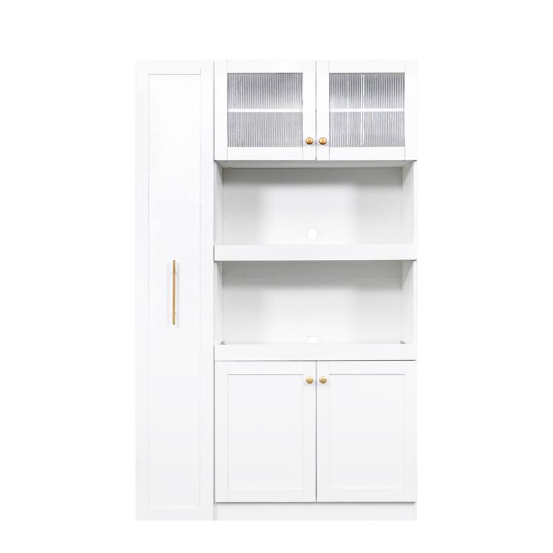 Roomfitters Kitchen Pantry Cabinet with Multi-Tier Pull-Out Shelves, Farmhouse Storage Cupboard with 4 Doors, White