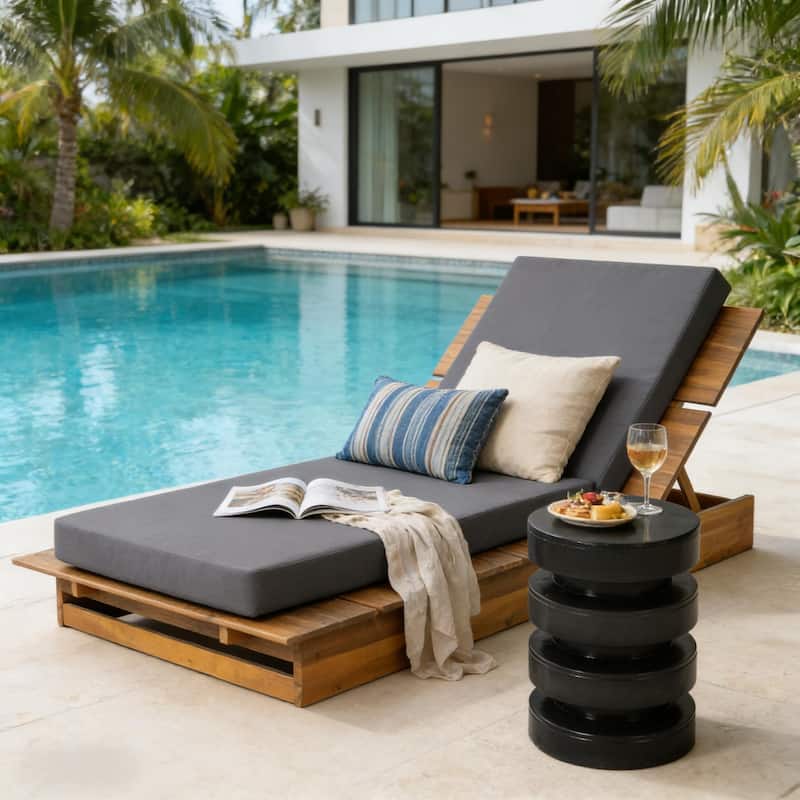 Christopher Knight Home - Modern Indoor/Outdoor Acacia Wood 3-Position Adjustable Chaise Lounge with Water-Resistant Cushion - Dark Gray+Teak Finish