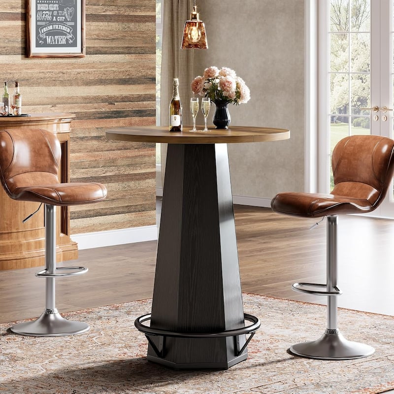 Round Bar Pub Table, 39.4" H Bistro Cocktail Table with Metal Footrest