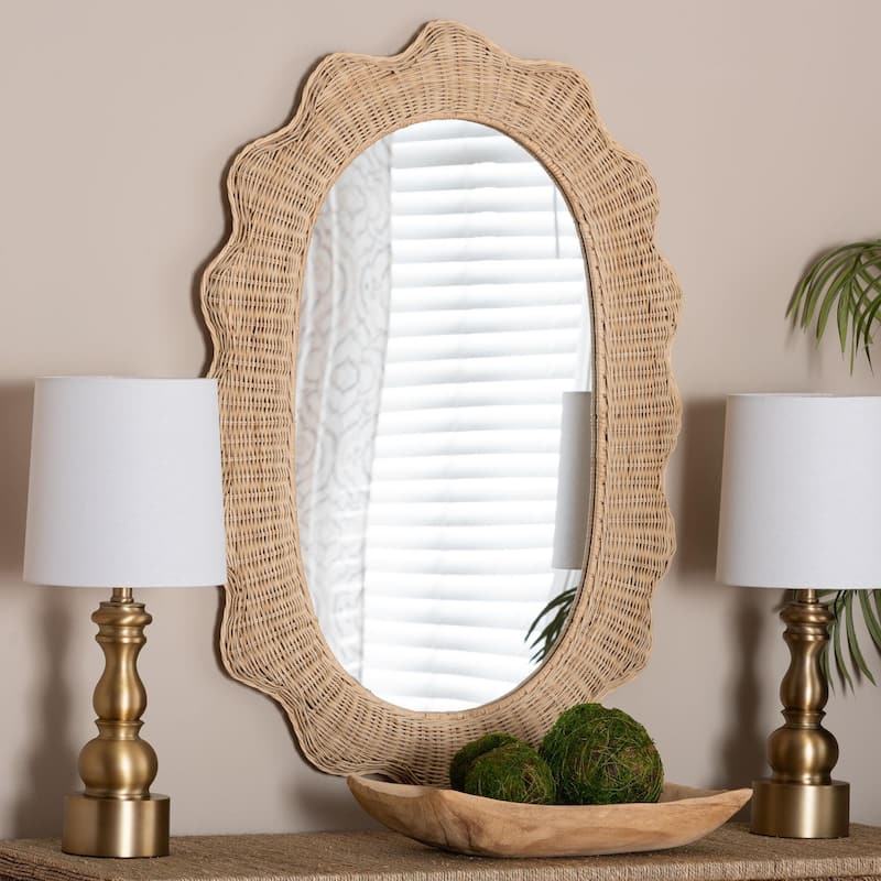 Makoto Scalloped Natural Rattan Wall Mirror - Handwoven Wicker Oval Frame, Boho Coastal Accent Decor for Entryway or Bedroom