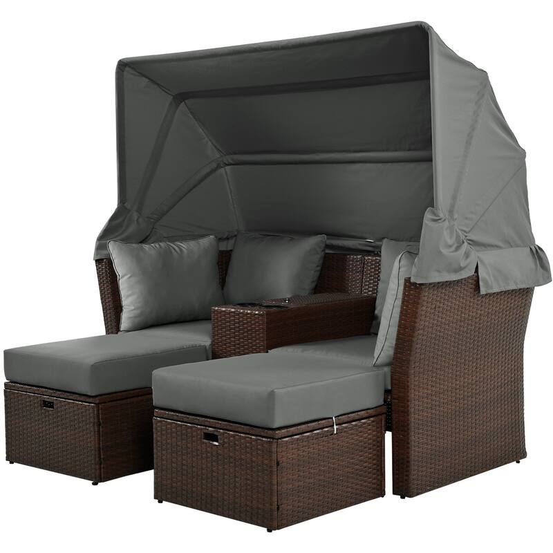 Outdoor Convertible Daybed Loveseat Sofa Set with Canopy & Console