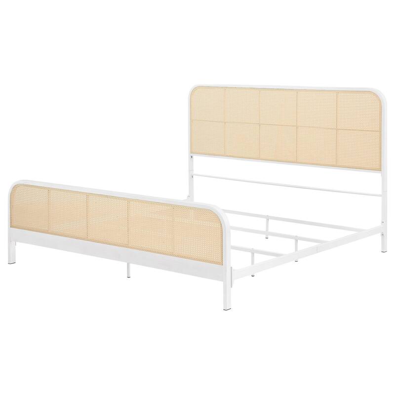 Lanie King Bed with Brown Open Cane Webbing Faux Rattan, White Metal