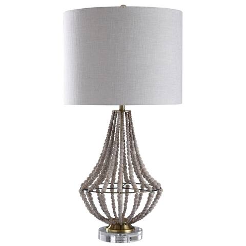 Harp & Finial Aurora Natural Wood Bead Body Table Lamp with Off White Textured Linen Hardback Shade