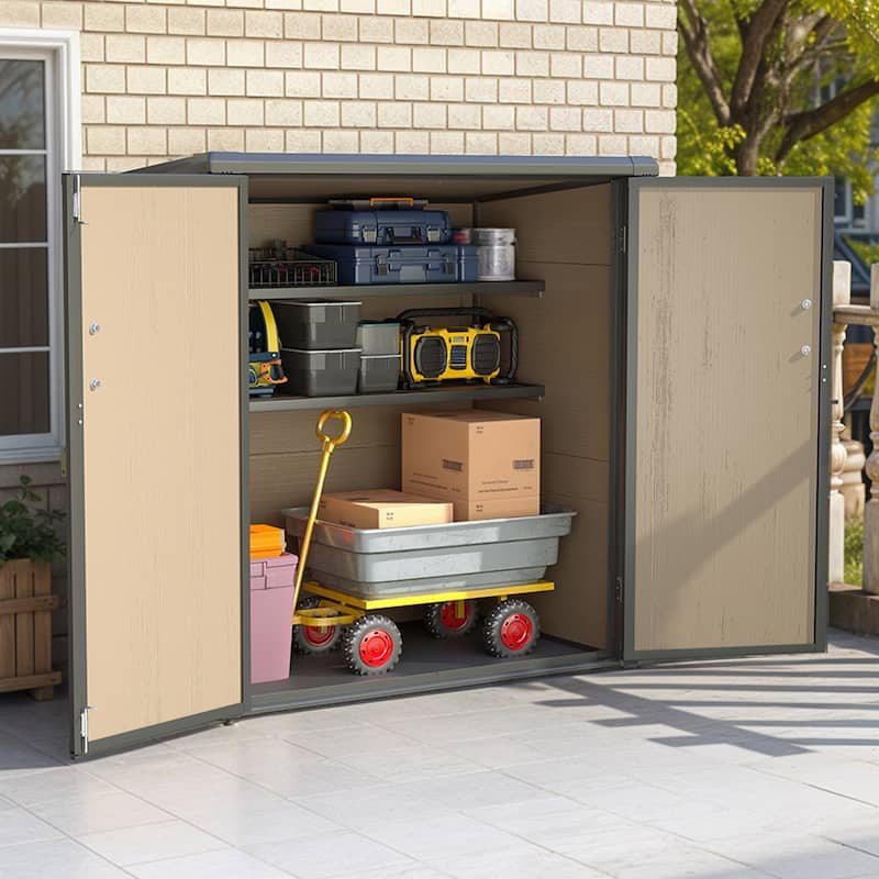 Outdoor Tall Storage Shed with 2 Shelves - N/A - Brown