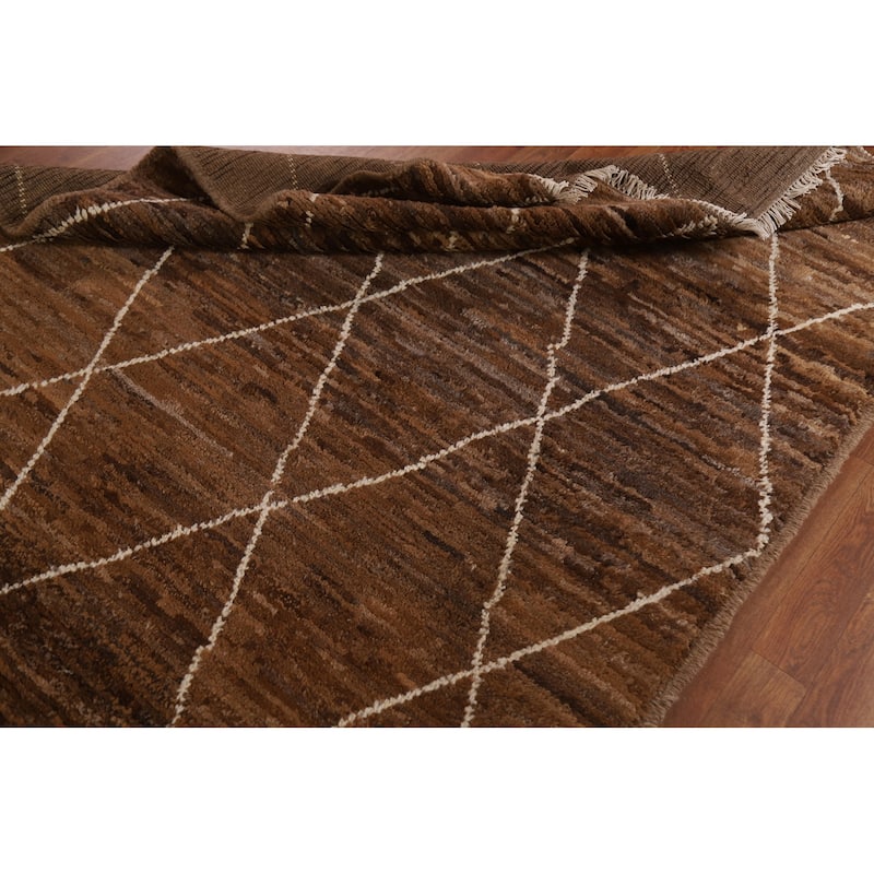 Hand Knotted Oriental 100% Wool Carpet Modern Trellis Brown Moroccan Area Rug - 6' 8'' X 5' 1''