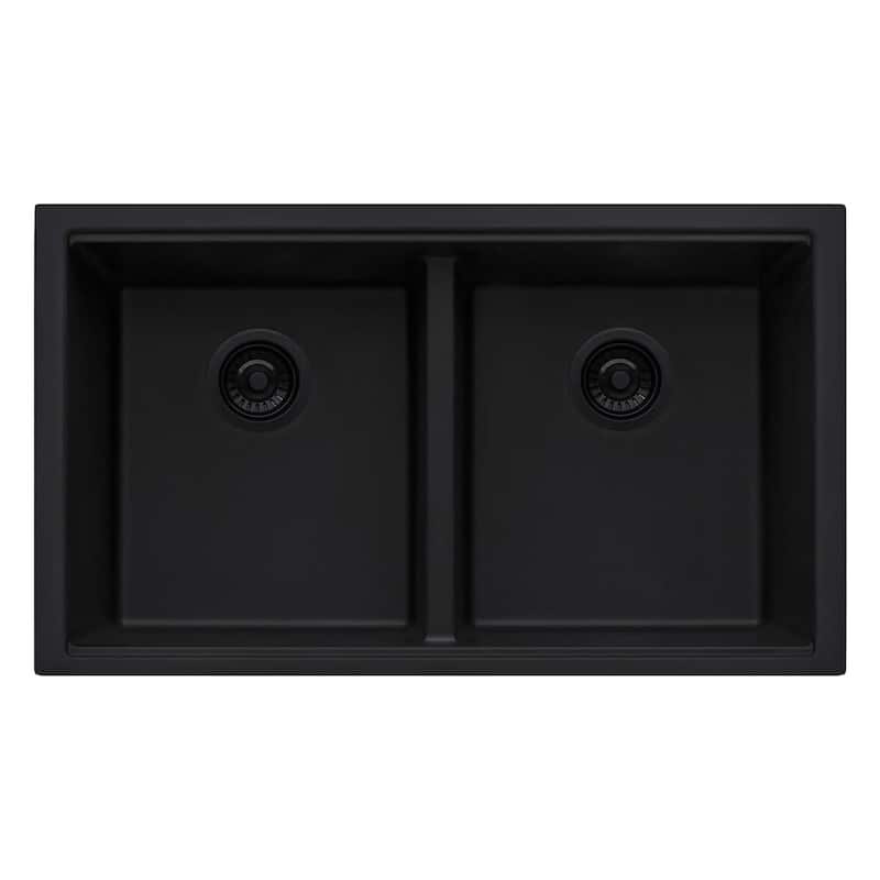 Ruvati 33 x 19 inch Granite Composite Undermount Double Bowl Low Divide Kitchen Sink - Midnight Black - RVG2385BK